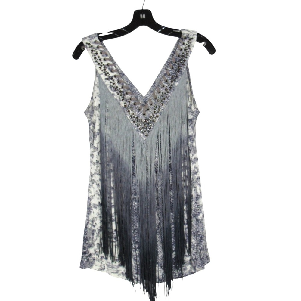 BOSTON PROPER Gray/Blue SNAKE PRINT Sleeveless OMBRE FRINGE Tank Top/Blouse Sz M